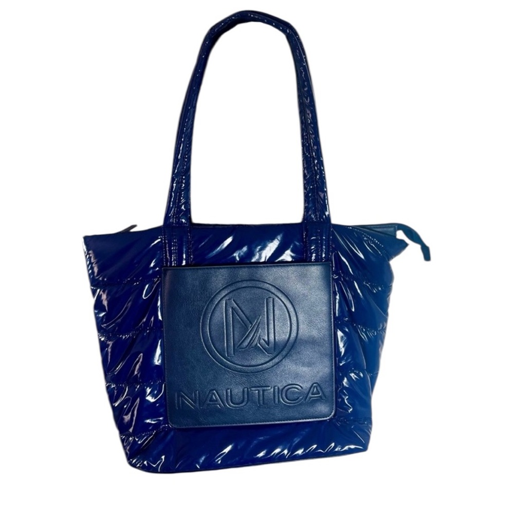 Electric Blue Quilted Puffy Shiny Nylon Logo Embellished Weekend Tote - Picture 2 of 6